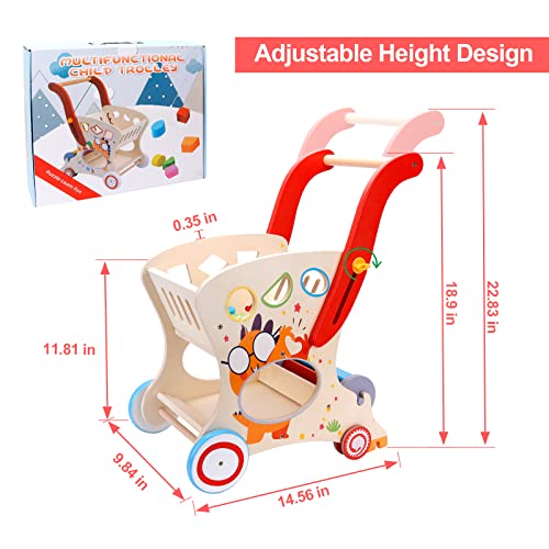 Jericetoy Wooden Baby Toy Pretend Play Shopping Cart For Toddlers Push Walker Toy With Rolling Rattle Shape Sorting Game Kids Activity Toy Play Grocery Cart For Boys Girls Kids #TOP1
