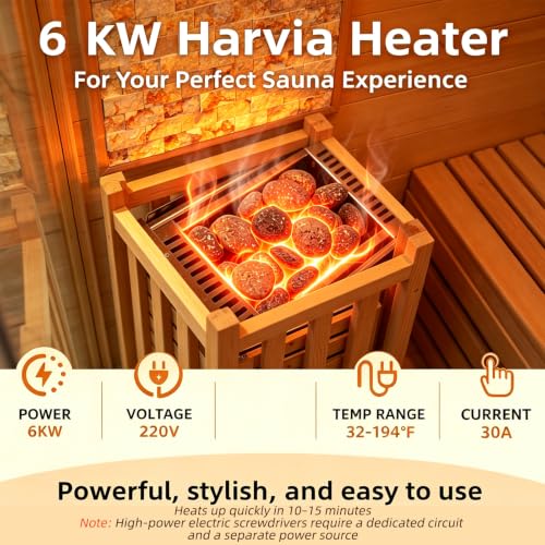 Image of Smartmak Indoor Steam Sauna, 3-Person Home Wooden Sauna, Wi-Fi Control, Premium Red Cedar, 6KW Harvia Stove