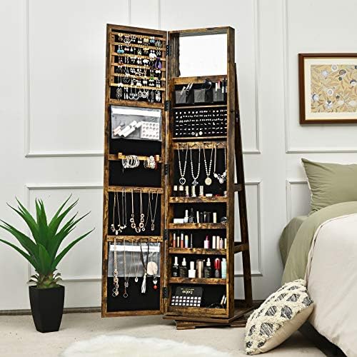 Multigot 3-in-1 Jewellery Cabinet, Lockable Jewelry Armoire with Mirror and Storage Shelves, Floor Standing Cosmetics Jewellery Organizer for Earring Ring Necklace Cosmetics(360° Swivel Rustic Brown)
