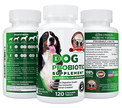 Bark Brothers Probiotic Supplement for Dogs For Improved Digestion & Better Health. Contains Premium Lactobacillus Acidophilus, Glucosamine, Chondroitin, Lipase. 120 Delicious Liver & Bacon Chewables