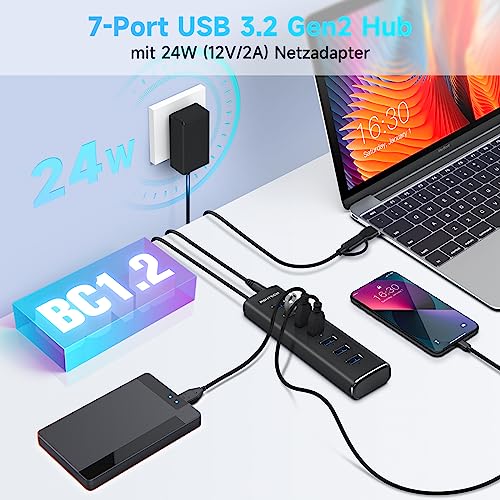 Image of USB 3.2 Hub Active with Power Supply, RSHTECH Aluminium USB Hub 3.1 Gen2 with 7 x USB 3.2 Data Ports (10 Gbps), 2-in-1 Data Cable (Type A & C, 100 cm), 24 W (12 V /2 A) Power Supply, 7-Port Data Hub