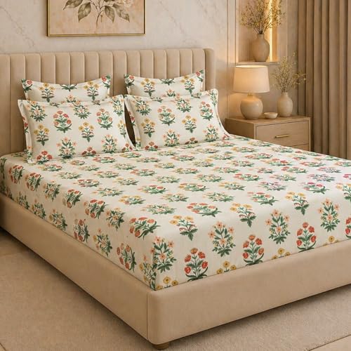 Image of THEA King Elastic Fitted Double Bedsheet Set| 100% Cotton Like Soft Fabric | Microfiber King Elastic Double Bedsheet for King Size Bed (72 X 78 x 10 inches) with 2 Pillow covers,Red Boota Floral