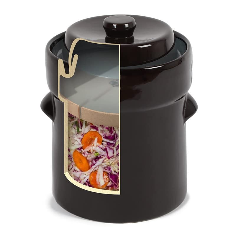 Pot à choucroute pour la lacto-fermentation en grès avec poids en pierre et couvercle - environ 3 choux- emballage sécurisé - couleur Marron 3L