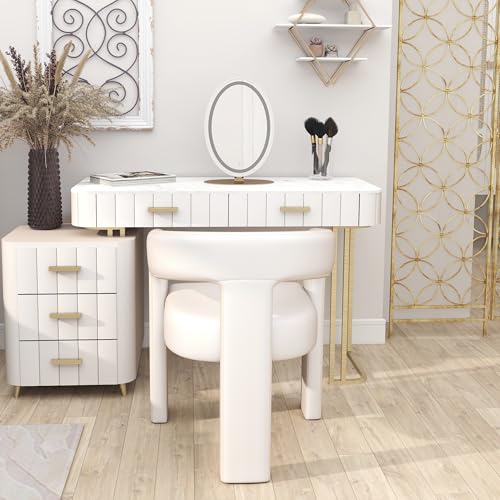 Image of HNY Modern Barrel Kitchen & Dining Room Chair, PU Leather Upholstered Accent Chair with Arm, 18.5'' Wide Side Armchair Vanity Chair for Living Room Bedroom Makeup Small Spaces, White