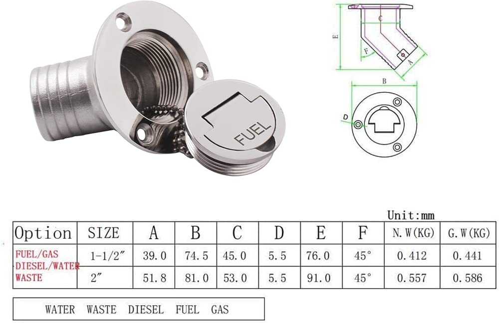 Llenador de cubierta marina de 45 grados, kit de llenado de cubierta de cuello en ángulo sin llave de acero inoxidable marino para barco yate RV (combustible, 2 pulgadas/50 mm)