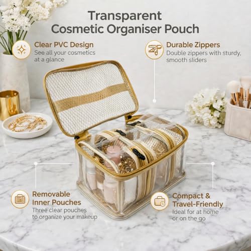 Image of Trendifly Set of 4 PVC Transparent Toiletry Travel Organizer Pouch for Women & Girls | Makeup Cosmetic Vanity Unisex Organiser Bag for Travelling | Jewellery Medicine & Shaving Kit Holder for Men