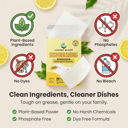 Image of Lucent Globe Dishwasher Dishwashing Detergent Sheets, Dish Soap & Dishwasher Tablets Alternative. Plant-Based, Eco-Friendly, Fully Biodegradable, Lemon Scent (1 Pack of 64 Washes)