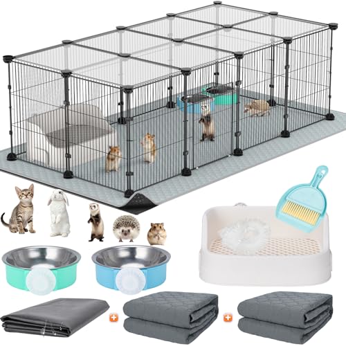 Tinnmao Rabbit Starter Kit 20 Panels C&C Grid Cage with Waterproof Mat + 2 Washable Pee Pads + Litter Box + Food Bowls + Roof Indoor Guinea Pigs Bunny Accessories (Black Metal Frame)