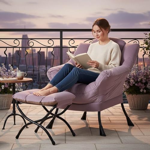 Image of Tiita Lazy Chair with Ottoman, Purple Modern Large Accent Armchair, Comfy Leisure Sofa Reading Chair with Footrest for Bedroom, Living Room, Dorm Rooms, Garden, Velvet Light Purple