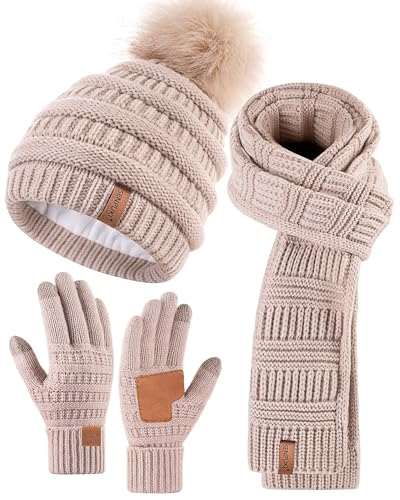 SENPUKI Womens Winter Beanie Hat Scarf Gloves Set, Cute Pom Pom Beanie with Warm Fleece Lined Long Knit Neck Scarf Touchscreen Gloves, 3 Piece Set for Cold Weather(Oatmeal)