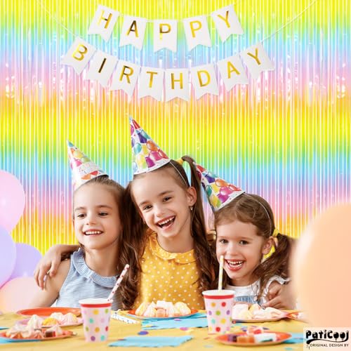 Image of Easter Decorations Thicken Pastel Rainbow Streamers, 2 Pack 3.2 x 8.2 FT Pastel Birthday Decrorations Tinsel Backdrop Curtains, Foil Fringe Photo Backdrop for Baby Shower, Spring Party Decorations