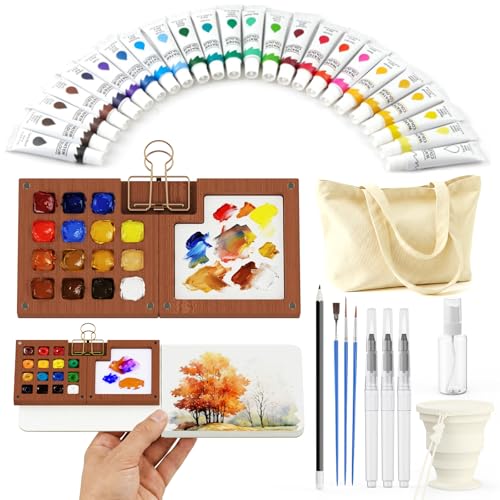 Ginyoyo Mini Watercolor Paint Set Watercolor Travel Set 24-Color Pocket Watercolor Set with 15 Grids Paint Palette Watercolor Journal Cup Bag Spray Bottle Pencil & Water Brush for Art Lovers