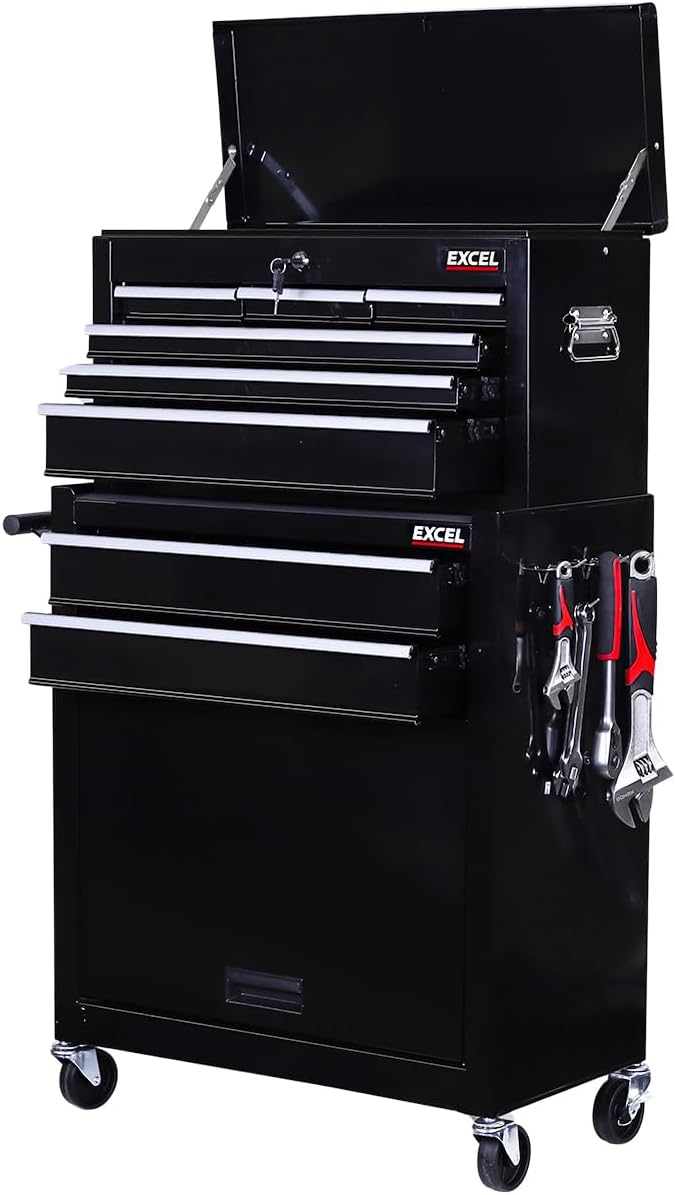Excel 8-Drawer Metal Tool Chest Cabinet - Rolling Toolbox with Wheels, Handle, Pegboard, Hooks, Lockable Design - Heavy-Duty Steel Construction