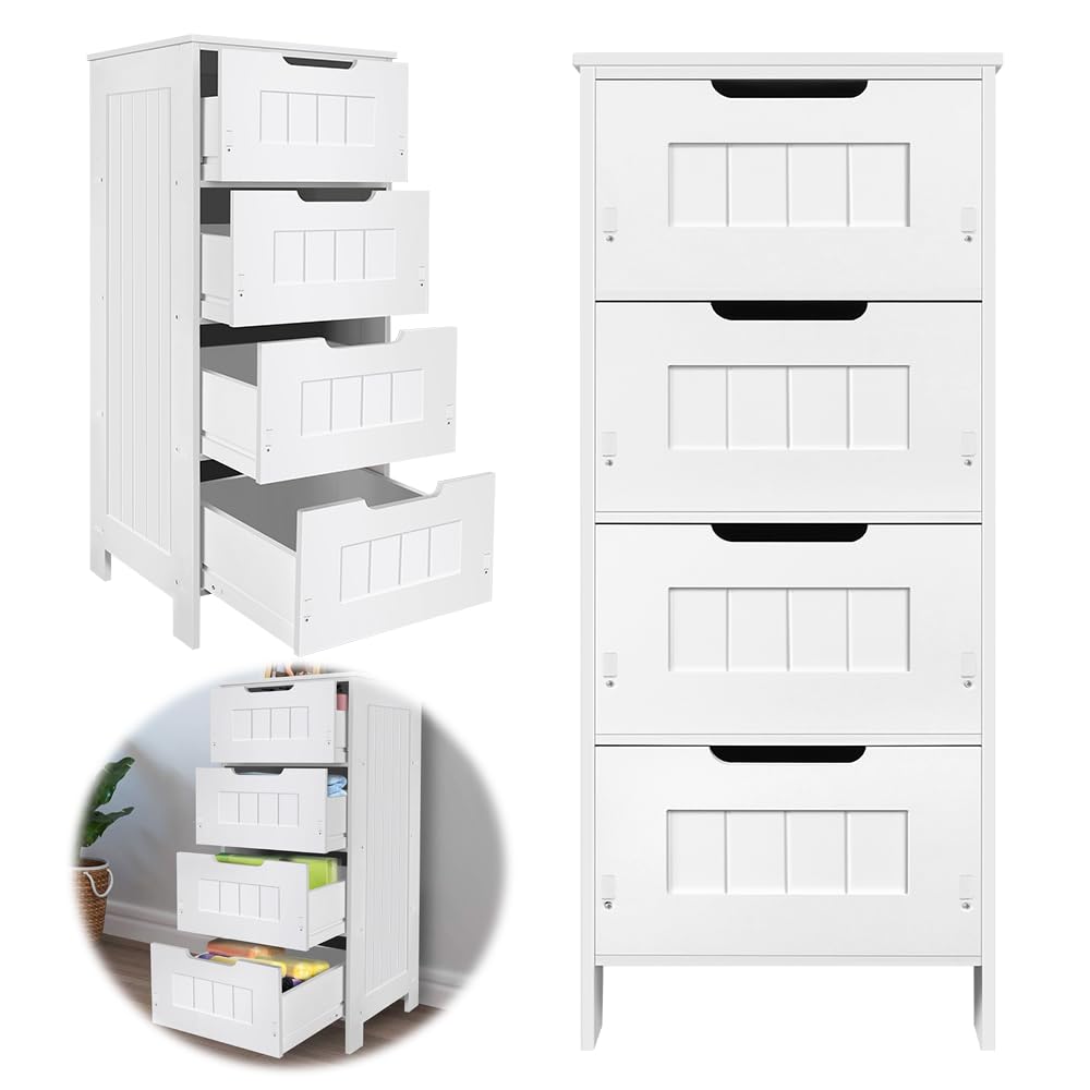 4 Drawer Freestanding Storage Unit PVC, Bathroom Cabinet Floor Standing with 4 Drawers Organiser, Bathroom Drawer Cabinet for Living Room Hallway, Wall Mounted Bathroom Cabinet - 32'' Height
