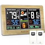 Newentor Weather Station Wireless Indoor Outdoor Thermometer, Color Display Digital Weather Thermometer with Atomic Clock, Barometric Pressure, Forecast Station with Adjustable Backlight,Wood,2Sensor