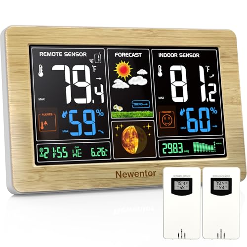 Newentor Weather Station Wireless Indoor Outdoor Thermometer, Color Display Digital Weather Thermometer with Atomic Clock, Barometric Pressure, Forecast Station with Adjustable Backlight,Wood,2Sensor