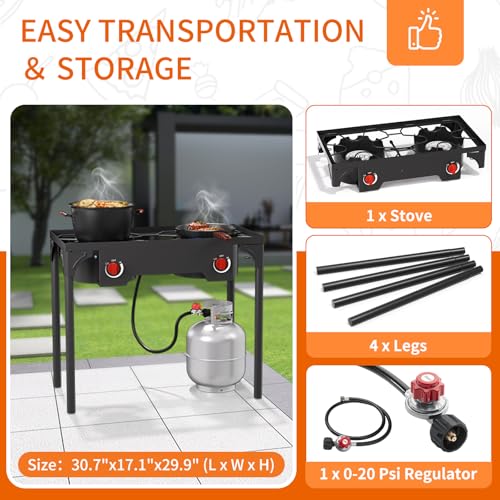  2 Burner Gas Stove for Outdoor Cooking with High Pressure Propane Burner and Detachable Legs
| 150,000 BTU High Pressur