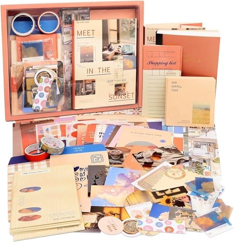 VIBE VISTA Vintage Aesthetic Scrapbook Kit, 346 Pcs, A6 Grid Notebook, Washi, Envelopes, Scrapbook Papers, Folding Labels, Background Papers, Photo Frames, Calendar Stickers, Stickers (Sunset)