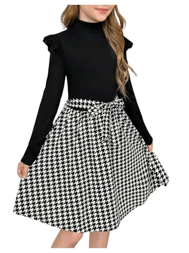 SweatyRocks Girl's Houndstooth Print Midi Dress Long Sleeve Ruffle Trim Belted Skater Dresses3