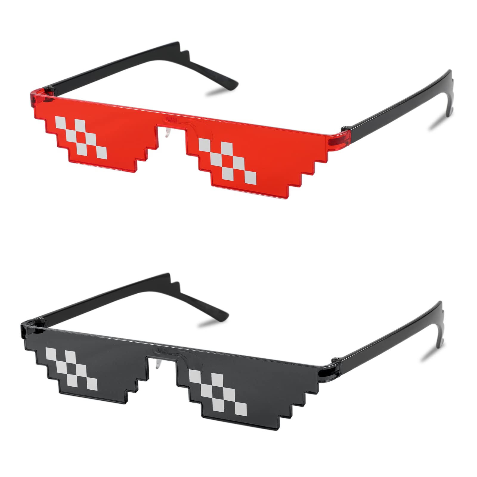 FEISEDY2PACK Thug Life Sunglasses Funny Pixelated Mosaic Gamer Glasses Party Disco Cool B2876-F2, Double Row Red + Double Row Black, 67mm
