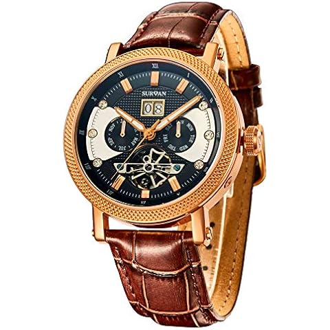 SURVAN Swiss Automatic Watch for Men Sapphire Crystal Mechanical Skeleton Wrist Watch 18k Yellow Gold Ion-Plated Leather Strap Silver Dial (Rose Gold) Cover