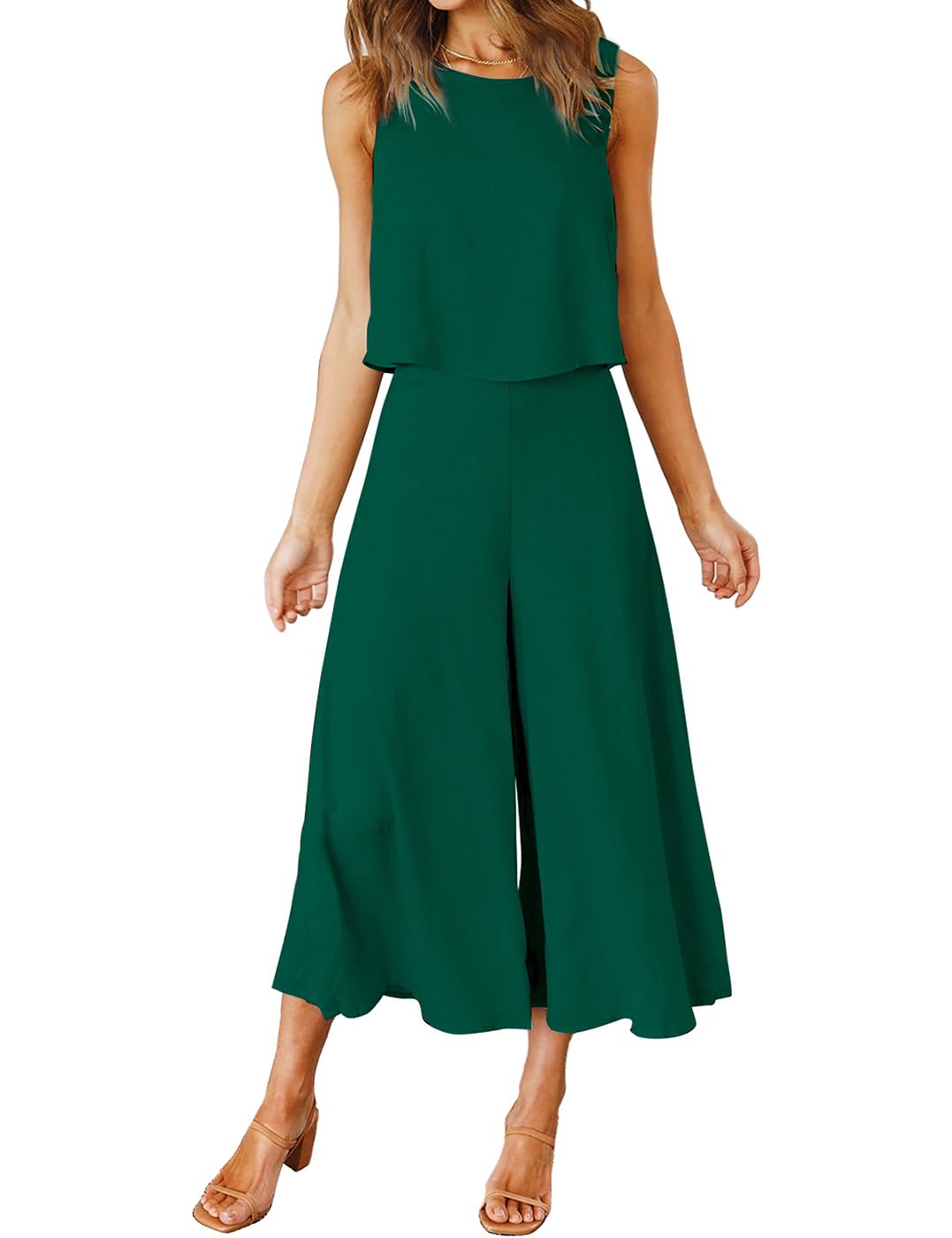 FANCYINN Conjunto para Mujer de Dos Piezas de Verano sin Mangas de Cuello Redondo y pantalón Ancho Cortado