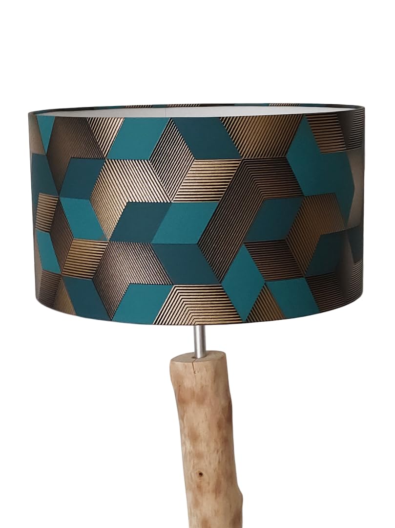 Abat-jour motifs géométriques bleus et dorés Ø 30 cm cylindrique pour luminaire salon