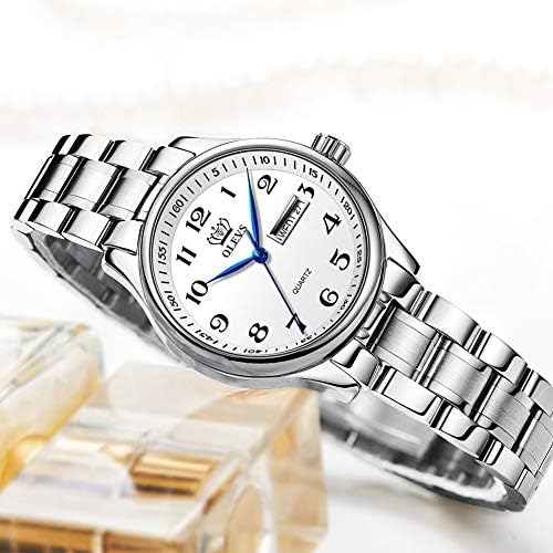 OLEVS Ladies Watches UK Analog Quartz Silver and Gold Watches for Womens Date Day Stainless Steel Waterproof Large Numbers Easy Read Dress Wrist Watches