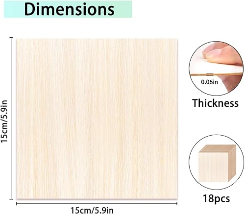 Miniatura 2 de DIYDEC Paquete de 18 hojas de madera de tilo de 6 x 6 x 116 pulgadas, hojas finas de madera contrachapada sin terminar, tableros cuadrados de madera