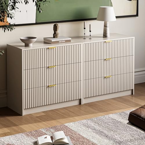 Image of MAISONARIA Fluted Dresser for Bedroom, 32 Inch Wide Nightstand with Large Drawer, 3 Drawer End Table for Bedroom, Living Rooms, Offices, and Entryways, Beige