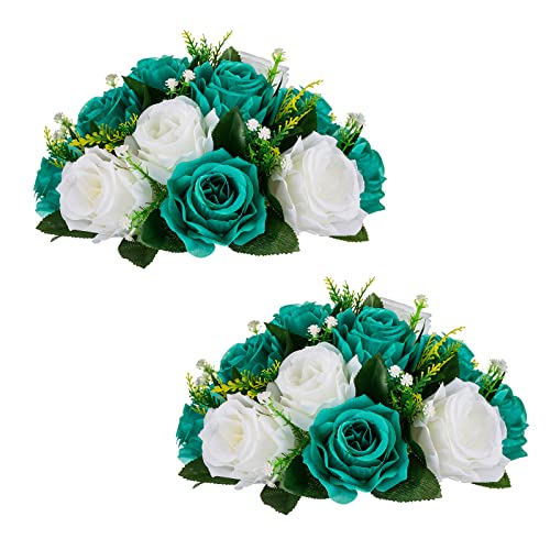 BLOSMON Flower Centerpieces for Tables Wedding 2 Pcs Teal & White Fake Flowers Rose Arrangement Bouquet Floral Centerpiece Balls Artificial Wedding Center Pieces of Valentines Day Home Decor