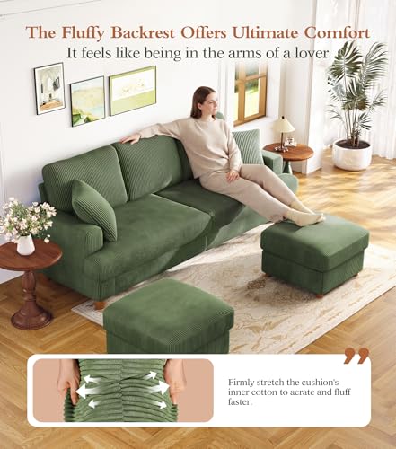 Image of Kidirect 87in U Shaped Couch, Modular Sofa No Tool Assembly, Comfy Sectional Couches for Living Room 21in Deeper Seats, Corduroy Sofas for Living Room with 2 Pillows, Loveseat Sofa Set, Green Couch