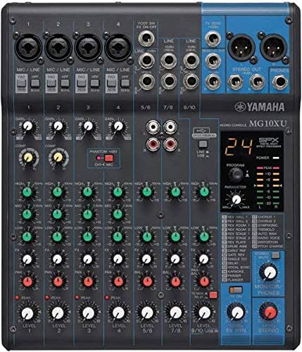 Yamaha MG10XU 10-Channel Analog Mixer, with 4 Microphone Preamps, 3 Dedicated Stereo Line Channels, 1 Aux Send, EQ, 1-knob Compressors, and Digital Effects