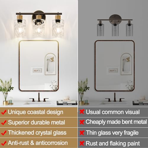 Image of MOKATNG Bathroom Light Fixtures, 3-Light Coastal Vanity Lights with Crystal Glass Shade, Oil-Rubbed Bronze Bathroom Wall Lamp for Mirror Kitchen Hallway Cabinet