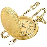 Tiong Vintage Gold Shield Pocket Watch with Chain, Intricate Engraved Case & Roman Numeral Dial, Classic Retro Men's Quartz Pocket Watches