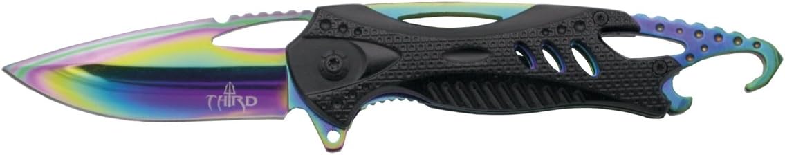 THIRD Assisted Folding Knife K2794BK, Black Aluminium Handle, 8.5 cm Stainless Steel Blade Coated in Bright Rainbow Titanium. with a Glass Breaker and Bottle Opener. with Clip with Sheath.