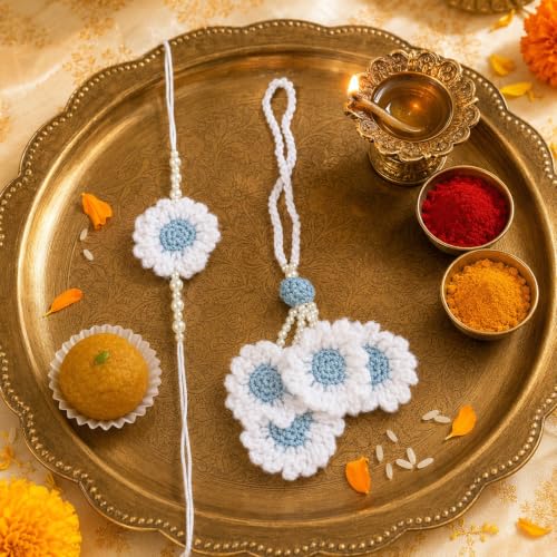 Image of Handmade Crochet White Sky Blue Flower Rakhi for Brother | Premium Cotton Thread Floral Designer Rakhi with Pearl Beads | Soft Skin-Friendly Lightweight Raksha Bandhan | Traditional Handcrafted Gift