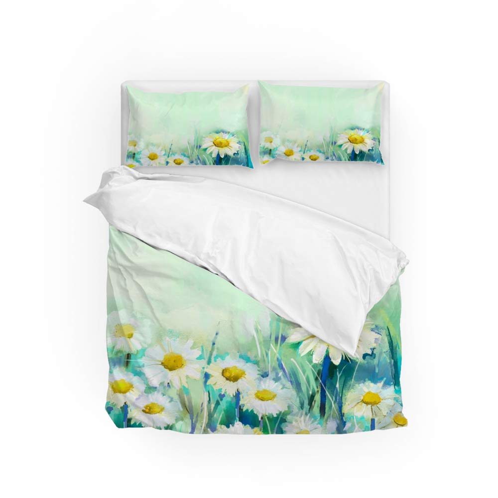 Parure de lit housse de couette marguerites blanche et verte en polyester