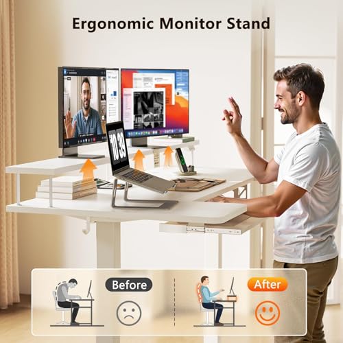 OffiGo U Shaped Electric Standing Desk with Keyboard Tray, 48 Inch Height Adjustable Desk with Power Outlets & LED Lights, Sit Stand Table with Monitor Stand for Home, Office, White - Thumbnail 6