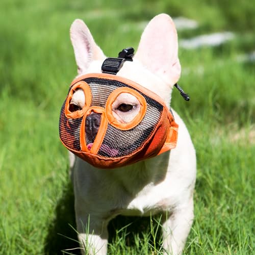 Image of Short Snout Dog Muzzles- Adjustable Breathable Mesh Bulldog Muzzle for Biting Chewing Licking Training Grooming Dog Mask (Orange, Small /9 inch-12 inch)