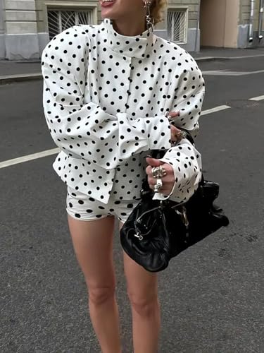 Lunoakvo Womens Polka Dot Print Stand Neck Short Jackets Retro Zipper Lantern Sleeve Streetwear Jackets Outerwear3