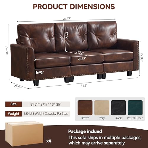 Image of 71 inch Faux Leather Modular Sectional 3 Seater Couch,Brown