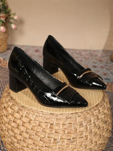 Women's Slip On Block Heeled Pumps with Crocodile Textured Ladies Comfortable Closed Pointed Toe 2.36" Low Thick Heels for Office Party Business Dressy Shoes2