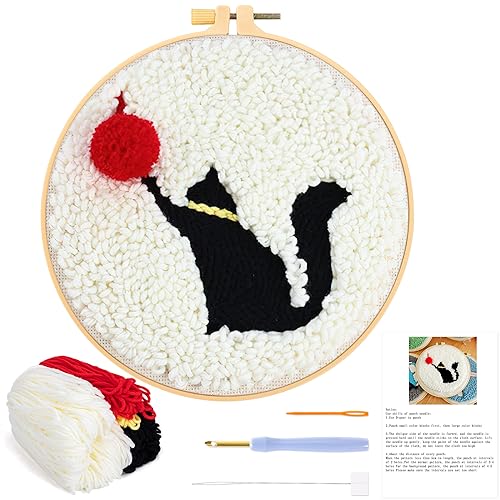 JSRQT Punch Needle Kit for Adults Beginners with Cat Pattern Punch Needle Kits Handcraft Starter DIY Embroidery Craft with Instructions Hoop for Kids