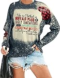 Christmas Sweatshirt Women Santa Buffalo Plaid Ugly Christmas Long Sleeve Shirt Holiday Pullover Tops