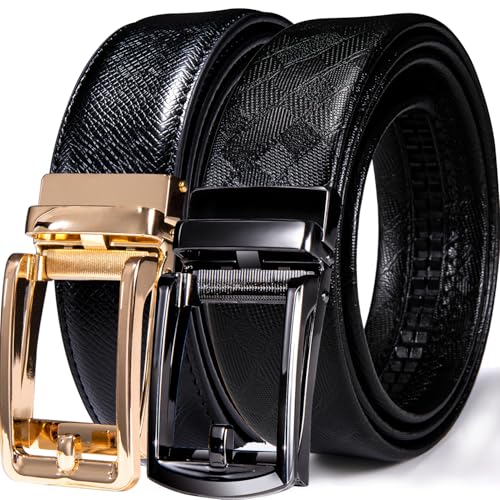 Image of Barry.Wang Mens 2 Pack Ratchet Belts Leather Adjustable 1 3 /8 inch Gift Box | Smooth Sliding,Trim to Fit,Click Belt Set for Dress Casual,Fashion Classic,Business,Birthday,Anniversary,Halloween,Christmas