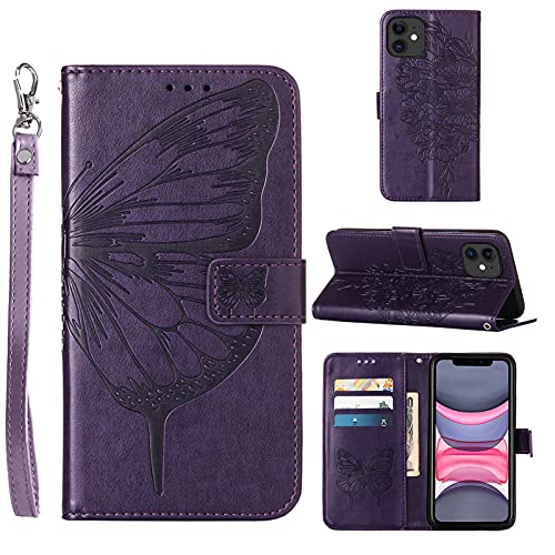 Compatible for iPhone 11 Wallet Case,[Card Holder Slots][Kickstand][Wrist Strap] Butterfly Floral Embossed PU Leather Flip Protective Cover for iPhone 11 Cases Women (Purple)