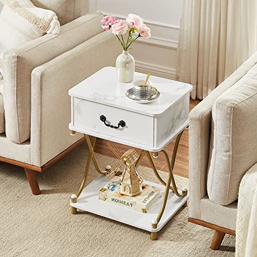 Vecelo White And Gold Nightstands Set Of 2 With Drawer For Bedroom, Endtable Bedside Table With Storage & Open Shelf For Living Room, Modern Style #TOP5