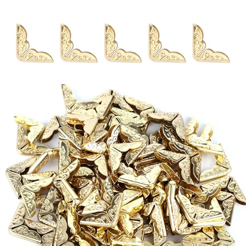 100pcs Metal Book Corner Protectors, Vintage Book Corner Covers Decorative Paperback Book Edge Protector for Photo Album Notebook Scrapbook Menu File Folder (Gold)