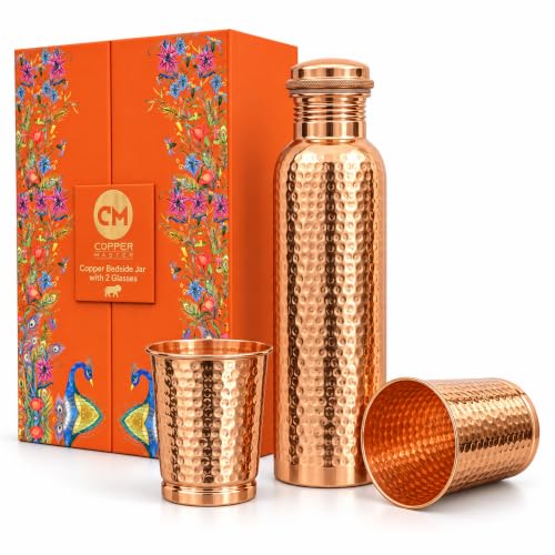 Image of Copper-Master Pure Copper Water Bottle 1L & 2 Glasses Set, Hammered